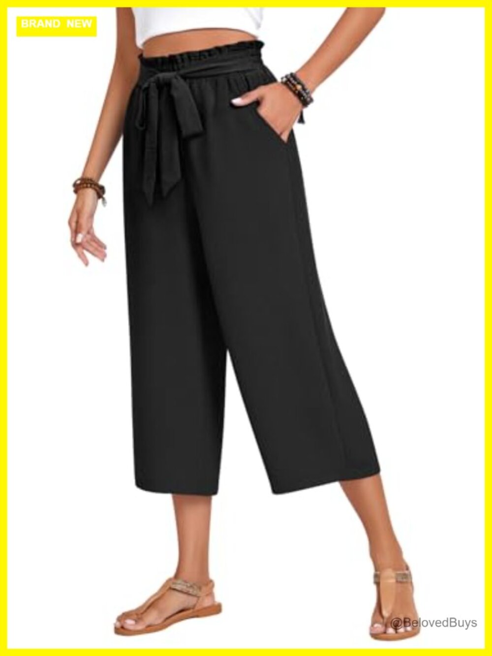 Wide Leg Palazzo Capri Pants High Waist Pockets Flowy Trousers